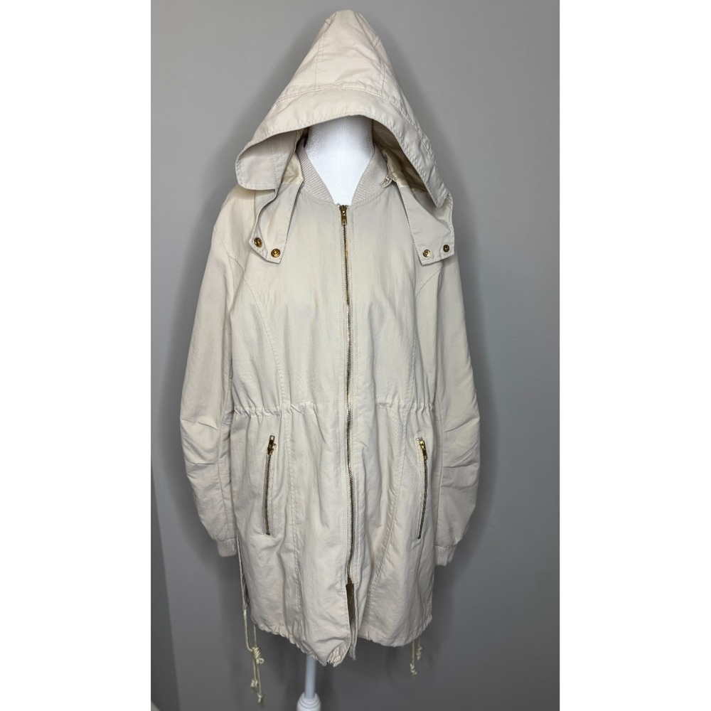 P.CILL‎ Women's Cinched Waist Hooded Rain Coat Windbreaker Tan Jacket Sz Medium